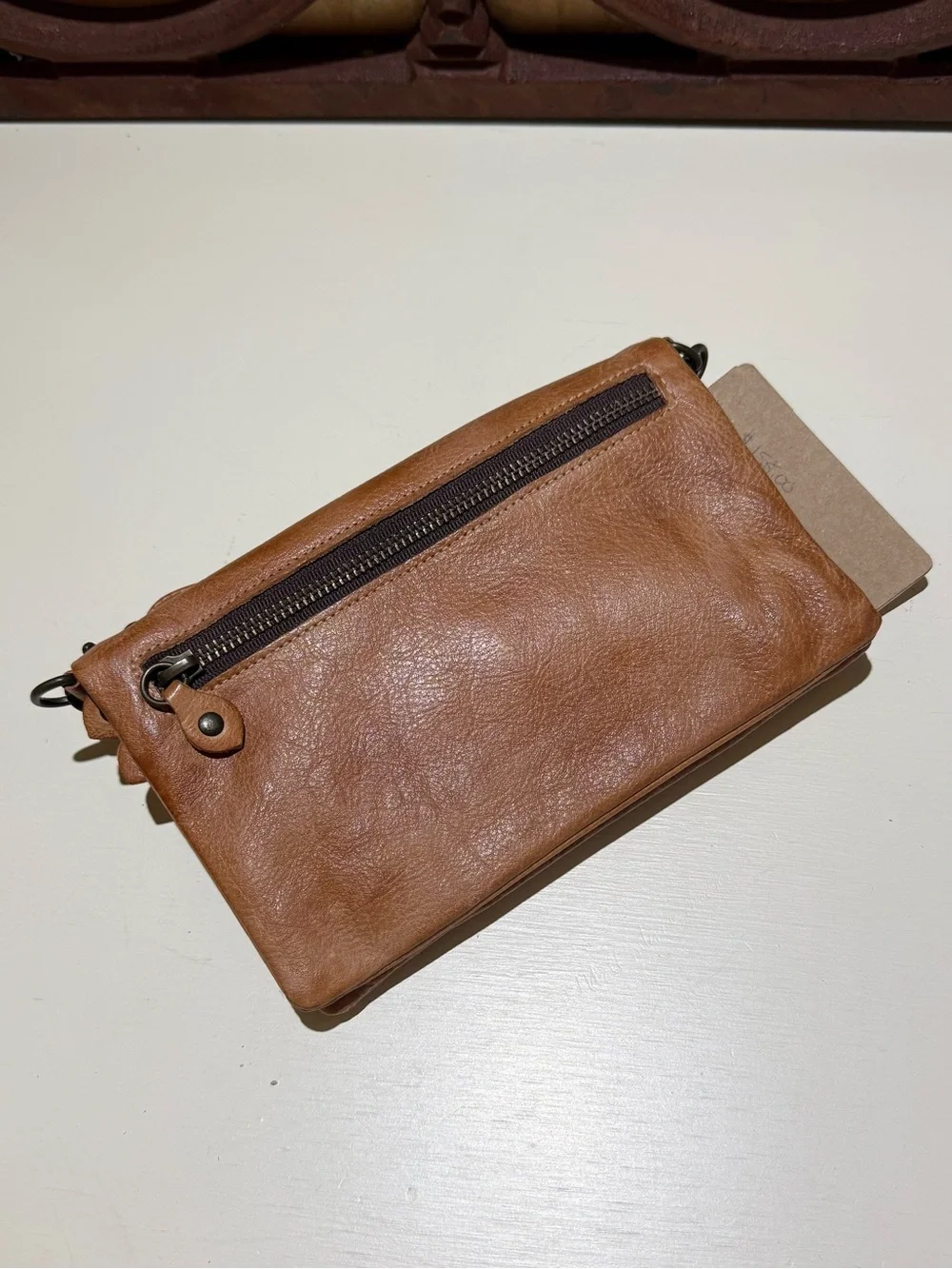 Leather Wristlet Clutch in Tan
